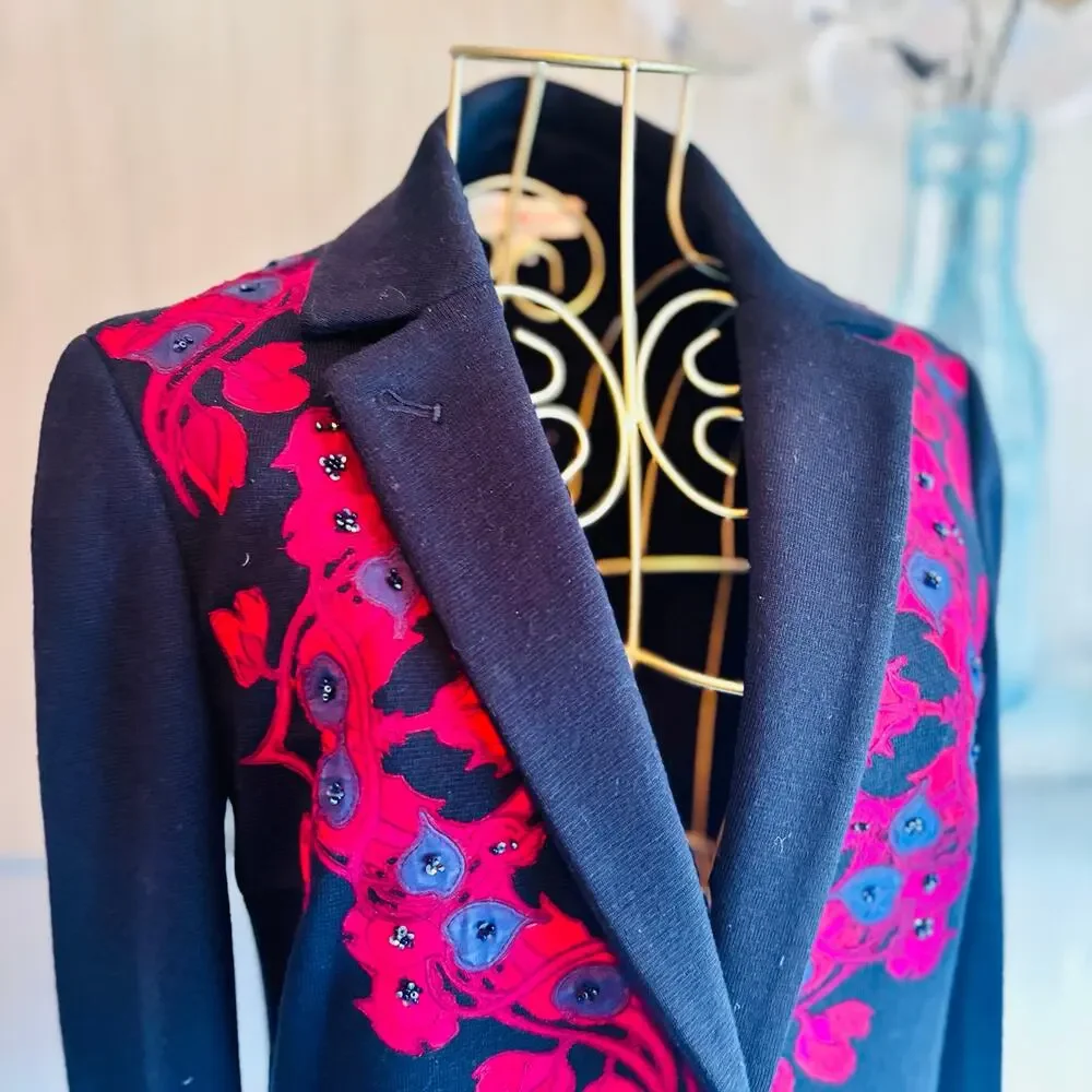 Tory Burch Navy Wool Blend Embroidered Floral Beaded Blazer Jacket XS